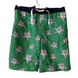 Hanna Andersson Boys Green Starfish Swim Trunks With Navy Waistband Size US 6-7